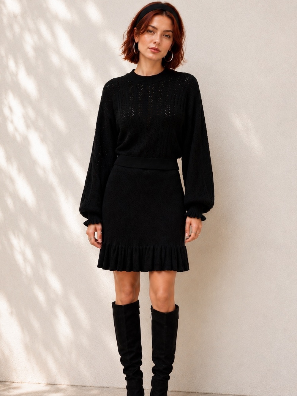 Sézane Black Knit Ruffle-Hem Mini Dress Old Money Whimsigoth Witchy